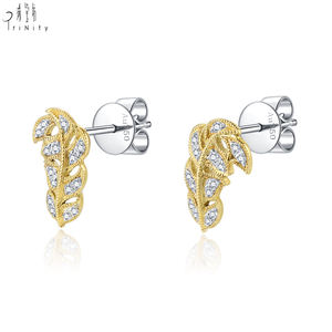Nouveauté, bijoux fins tendance, design vintage en forme de feuille, véritable or jaune massif 18 carats, véritable diamant naturel, boucles d'oreilles à clous pour femme - Product Image 2