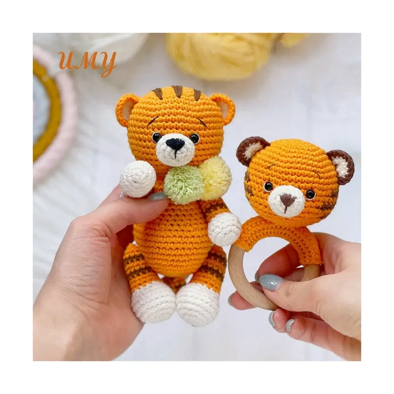 Wood Teether Gift Set Crochet Animals Toys Crochet Tiger Animal Baby Rattle Baby Teethers