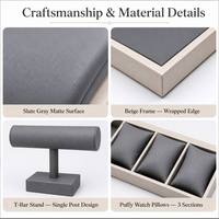 JUNSEN Présentoirs et étuis à bijoux gris avec cadre beige, présentoirs en T, supports pour colliers, plateaux en forme de cale, coussinets pour montres, 10+ pièces, Guangdong