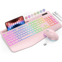Clavier et souris sans fil ergonomiques silencieux avec rétroéclairage RVB, combo 2.4G rechargeable, boutons multimédias, support pour tablette et téléphone