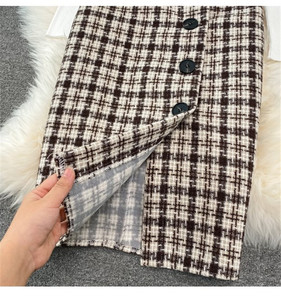 Costume à carreaux en laine femmes <span class=keywords><strong>2022</strong></span> automne et hiver nouveau tempérament taille mince sangle robe deux pièces ensemble - Product Image 6