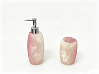 Ensemble d'accessoires de salle de bain en polyrésine à motif marbre onyx rose dégradé, comprenant un distributeur de savon liquide, un porte-brosse à dents et un gobelet, pour la vanité et le bain