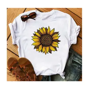 Clothing factories sell autumn-summer fashion butterfly sunflower print loose O-neck vintage women's T-shirts