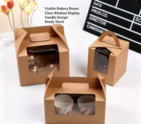 Boîte à muffins en papier kraft en stock, boîte d'emballage pour pâtisseries avec fenêtre transparente, boîte cadeau pour gâteaux de lune à emporter avec plateau intérieur