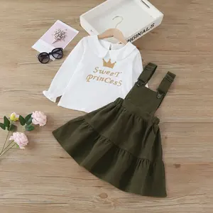 Fashion Long-sleeved White Shirts Strap Skirts Baby Girl Clothes Set Spring Fall Clothes Crown Print Pullover Children's Wear