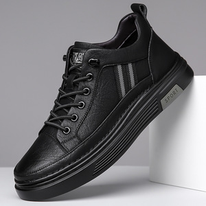 Baskets en cuir noir respirantes pour hommes, chaussures de sport décontractées à enfiler, couleur unie, origine Wenzhou - Product Image 1