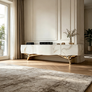 Mueble para <span class=keywords><strong>TV</strong></span> de Fibra de Vidrio con Base Curva Escultural Dorada y Patrón de Mármol Blanco para Espacios de Vida Contemporáneos de Alta Gama - Product Image 1