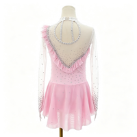 Robe de patinage rose à col montant, manches longues en maille à volants, dos découpé ovale avec strass, pour enfants et adultes, compétition et performance