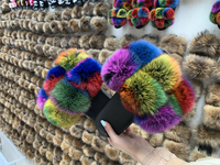 Sandales d'extérieur à bout ouvert en fourrure de renard, fourrure moelleuse multicolore avec six pompons, coloris assortis, pour femme, collection printemps, direct usine