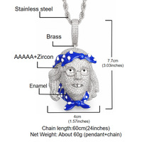 Collier Pendentif Bling en Laiton Entièrement Sertie de Zircons Cubiques, Motif Franklin, Design Bandana Bleu, Accessoire de Cou pour Homme Rapper