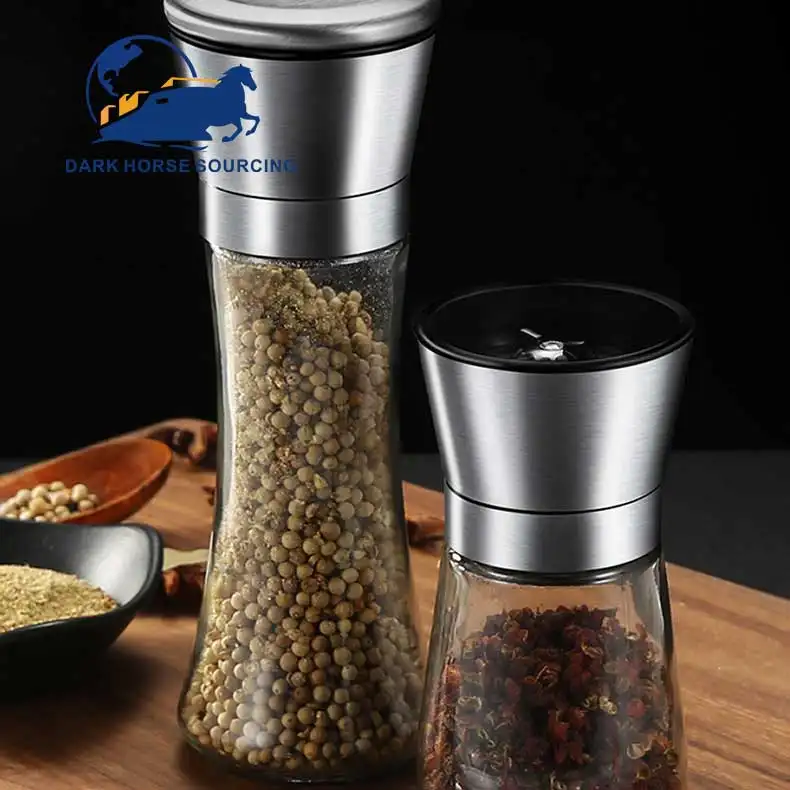 New arrival different size pepper grinder stainless steel plastic lids glass bottle manual salt and pepper grinder
