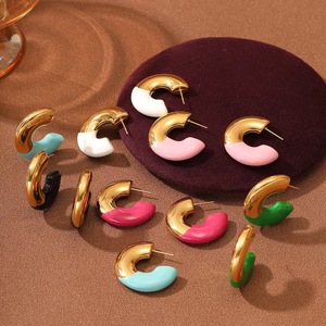 18K PVD Gold Plated Stainless Steel Two-Tone C Shaped Enamel Hoop <b>Earrings</b> for Women | Durable Waterproof Hypoallergenic Jewelry - Product Image 2