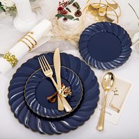 Ensemble de vaisselle jetable en plastique bleu et or à bords festonnés, 150 pièces, comprenant 50 assiettes, 75 couverts et 25 serviettes pour fête