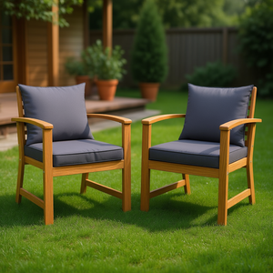 Juego de 2 Sillas de Jardín con Cojines Gris Oscuro, Madera Natural de Teca, Muebles de Exterior de Diseño Contemporáneo con Patas Cónicas - Product Image 2