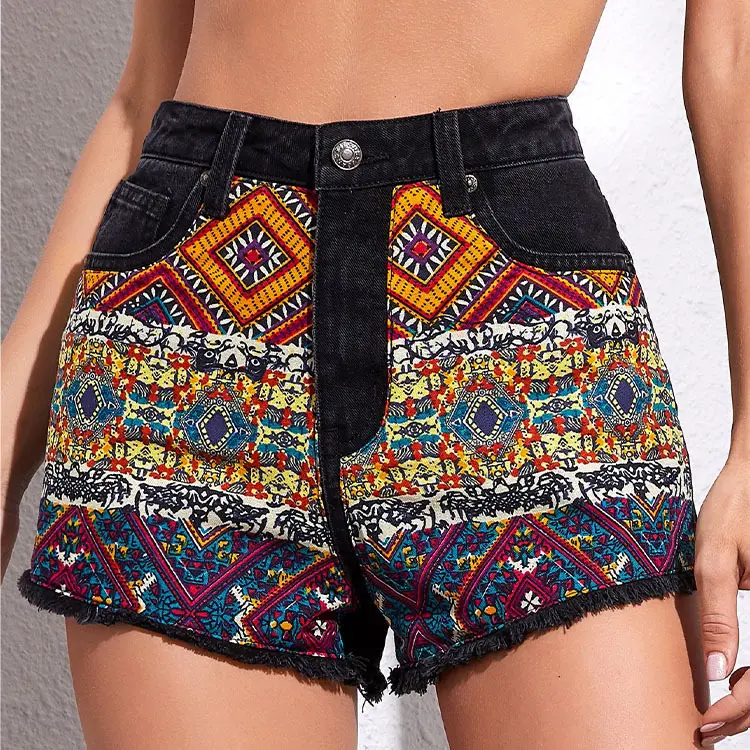 Summer Girls High Waist Denim Shorts Jeans Women Vintage Inelastic Shorts Print Skinny Slim Black 100% Polyester Softener Loose