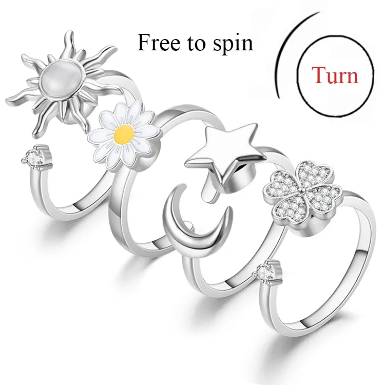 New Arrival Silver Opening Adjustable Anxiety Relief Stress Relief Star Moon Spinning Ring For Women