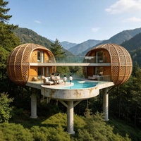 Villa tropicale avec toit en arche, façade entièrement vitrée, terrasse extérieure et piscine privée pour les complexes hôteliers