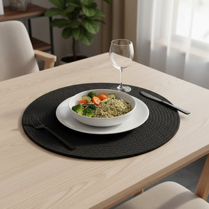 Modern Solid Black Cotton Round Placemats Anti-Slip Eco-Friendly Features Braided Style Machine Made Customizable Home Party Use - Product Image 3