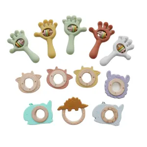 BPA Free Infant Baby Rattle Silicone Wooden Kid Toys Wholesale Teether Food Grade Wooden Silicone Teething Ring For Toddler