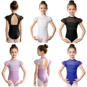 Maillot de Ballet de Encaje para Niñas, con Diseño Floral, Espalda con Abertura en Forma de Llave, Adorno de Diamantes de Imitación, Manga con Volantes, Ropa de Baile Clásica para Entrenamiento, Personalizable - Product Image 1