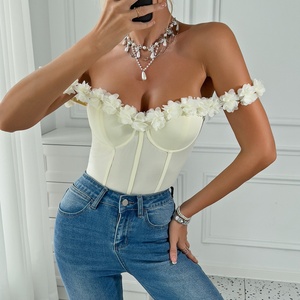 Women's Off-Shoulder Stretch <strong>Bodysuit</strong> with 3D Floral Appliqu&eacute; - Elegant <strong>Cream</strong> Corset-Style Top (Wholesale, OEM/ODM) - Product Image 3