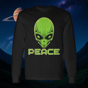 T-shirt a maniche lunghe Alien Head Peace, design nero e verde, abbigliamento promozionale - Product Image 3