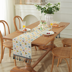 <b>Table</b> <b>Runner</b> Cotton Linen Printed Geometric Pattern Tassel Trim For <b>Dining</b> <b>Table</b> Living Room Home Decor - Product Image 4
