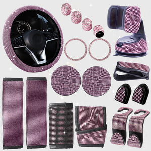 11pcs Leather <strong>Car</strong> Steering Wheel <strong>Seat</strong> Belt Phone Holder Sunglasses <strong>Clip</strong> S Hook Cup Mat Set With Rhinestone Accents - Product Image 3