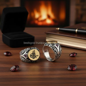 925K Sterling Silver Men's <b>Ring</b> with Zircon Ottoman Tugra Inlay <b>Resizable</b> Gemstone Jewelry for Engagement Gift or Party - Product Image 3