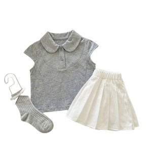 Gray Polo Collar Top And Pleated Skirt Set For Baby Girls Breathable Summer Outfit - Product Image 5