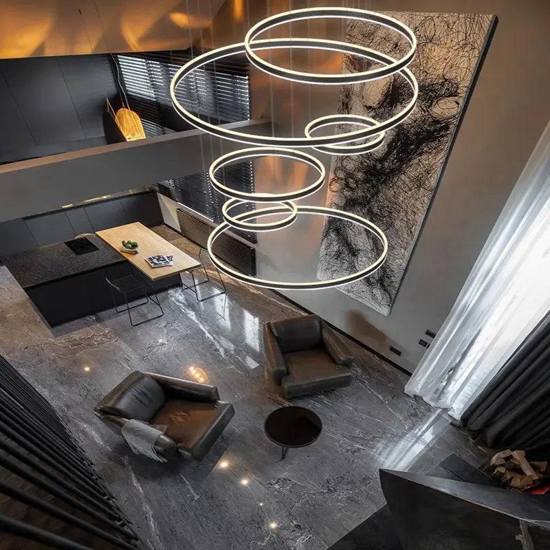 2023 Light Luxury Villa Duplex Ceiling Homestay Hall Led Ring Pendant Light Large Circle Modern Chandelier