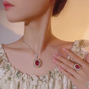 แฟชั่น 12*16-10*12 มม. สีแดงสีฟ้าเซอร์คอนย้อนยุคขัดเงาสร้อยคอและแหวนทองแดงเป็นมิตรกับสิ่งแวดล้อมชุดเครื่องประดับวินเทจสำหรับผู้หญิง - Product Image 6