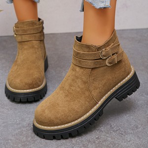 Bottines en daim pour femmes, nouvelles bottines à semelle épaisse, bout rond, grande taille, avec boucle de ceinture, en stock - Product Image 1