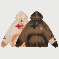 Sweat à capuche zippé pour homme avec logo personnalisé, effet délavé, imprimé graphique vintage, streetwear, coton lourd, OEM ODM
