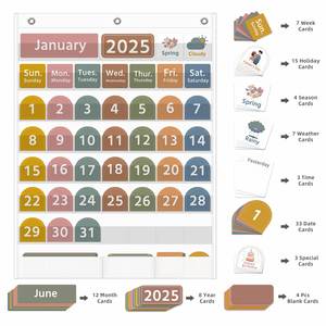Calendrier de classe de janvier 2025 avec pochettes, jours colorés et cartes éducatives pour l'apprentissage des enfants et l'utilisation par les enseignants - Product Image 3