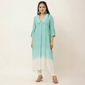Elegante conjunto de kurta tejida para mujer, estilo ombre, para fiesta, kurta y pantalón de noche con cuentas, corte Dana y adornos de perlas. - Product Image 1