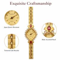 Jam Tangan Wanita Fashion Emas Kecil dengan Dial Berlian Gaya Court, Tali Pola Bunga Buatan Tangan yang Indah, Penunjuk Quartz, dan Casing Akrilik.