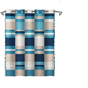 Tirai mandi kain geometris Modern tanpa kait yang diperlukan dengan desain kotak-kotak tambal sulam dengan magnet