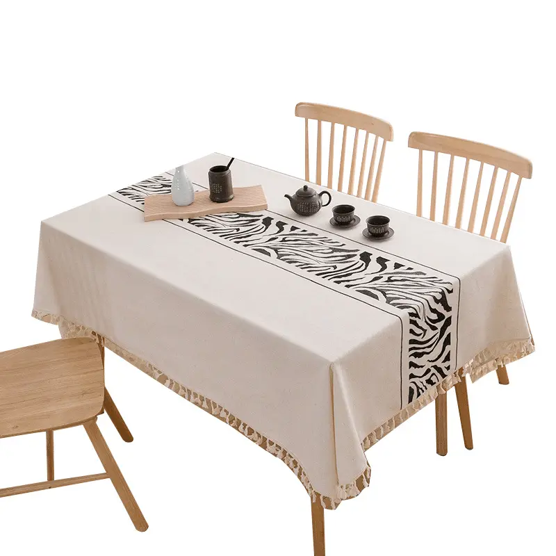 Schöne moderne Tischdecken Kunst Baumwolle Leinen Großhandel Blätter Bestickte Tischdecke wasserdichte Leinen Tischdecke mit Quaste