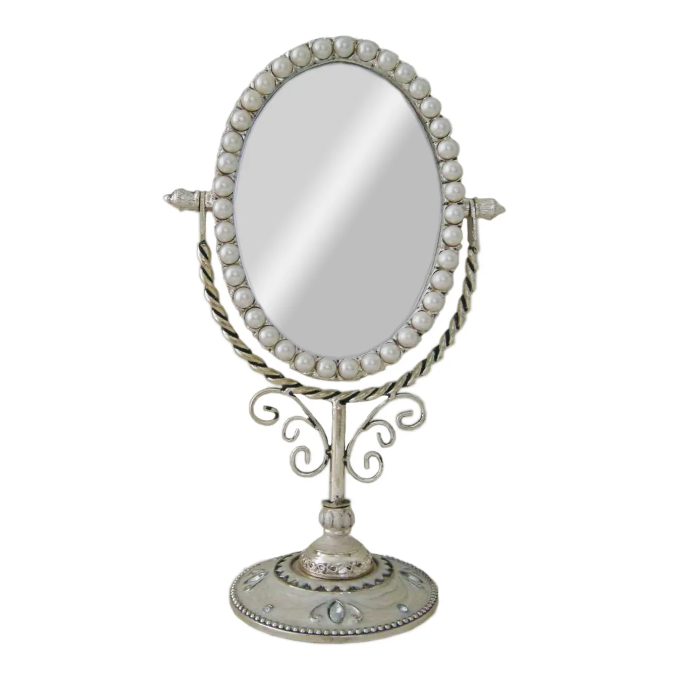 Pearls Surround Oval Antique Silver Table Top Mirror(#P07025m)