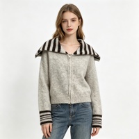 Cardigan en laine mélangée pour femme, col marin, rayé, zippé, court, tricoté, haute qualité, vente en gros