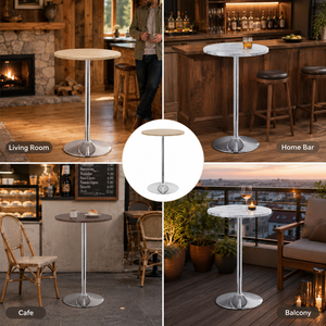 Table de bistrot, café ou bar moderne en gros avec plateau rond en placage de noyer et piétement trompette chromé - Product Image 2
