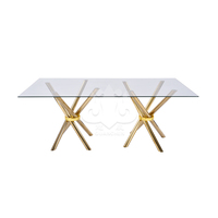 Table de salle à manger commerciale moderne en verre miroir et acier inoxydable rectangulaire pour événements extérieurs et fêtes