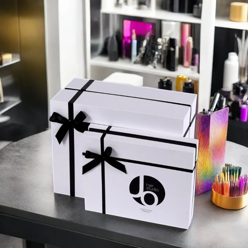 Özel kutu için saç ürünü lüks saç peruk ambalaj siyah beyaz kutu kapak ve taban kağıt hediye kurdelalı kutu yay