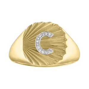 New Design 925 Sterling Silver 14/18K Gold Plated Vermeil Bold Fluted Textured Ring with CZ Diamond Paved Initial Jewelry