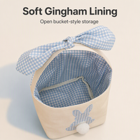 Panier à œufs de Pâques en tissu à carreaux Gingham avec nœud, applique lapin, queue pompon, cinq couleurs pastel et poignée arquée doublée
