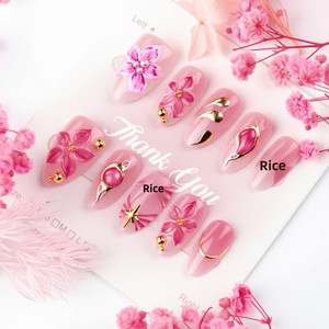 Uñas Postizas Pre-Diseñadas de 30 Piezas, Estilo Lindo, con Relieve Floral 3D de Diamantes de Imitación, Forma Almendrada con Degradado Rosa Dulce - Product Image 2