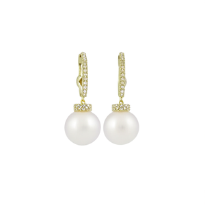 Pendientes de Perlas Doradas E3423, Perlas Cultivadas Redondas Blancas con Engaste de Bisel, Joyería Clásica de Boda para Mujer - Product Image 1