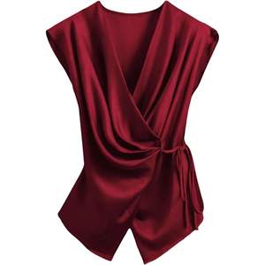 Blusa de Satén Personalizada para Mujer, Cuello en V, Sin Mangas, con Lazo Cruzado, Estilo Casual de Negocios, Camisa de Verano Antiarrugas - Product Image 4