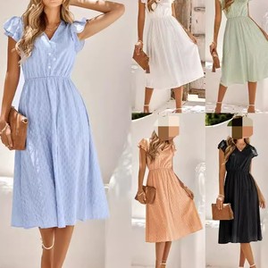 Robes décontractées pour femmes, couleur unie, col en V, taille cintrée, manches courtes à volants, tendance - Product Image 2